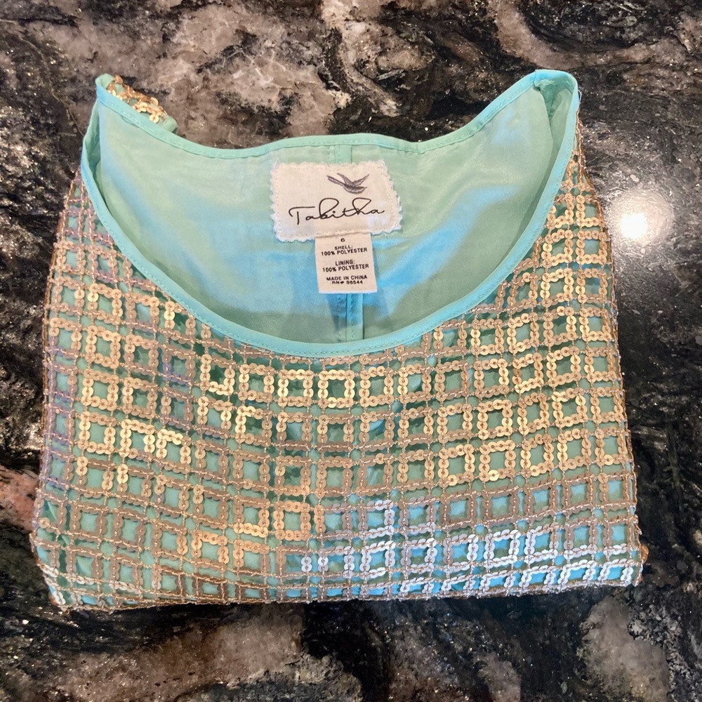 Anthropologie | Tabitha Golden Pane Shift Sequin Grid Overlay Mint Green Sz 6 - Picture 4 of 16